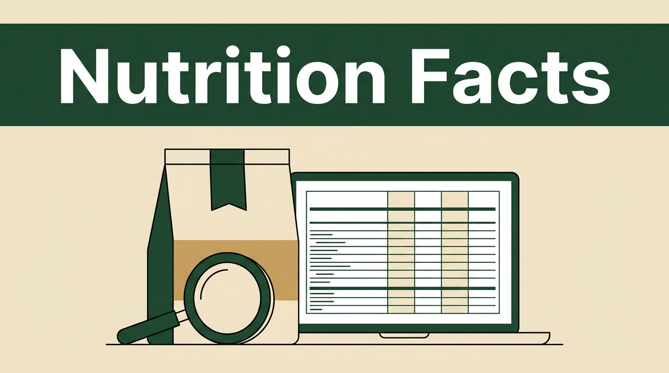 Food package, magnifying glass, and laptop with a nutrition table below a green Nutrition Facts banner.