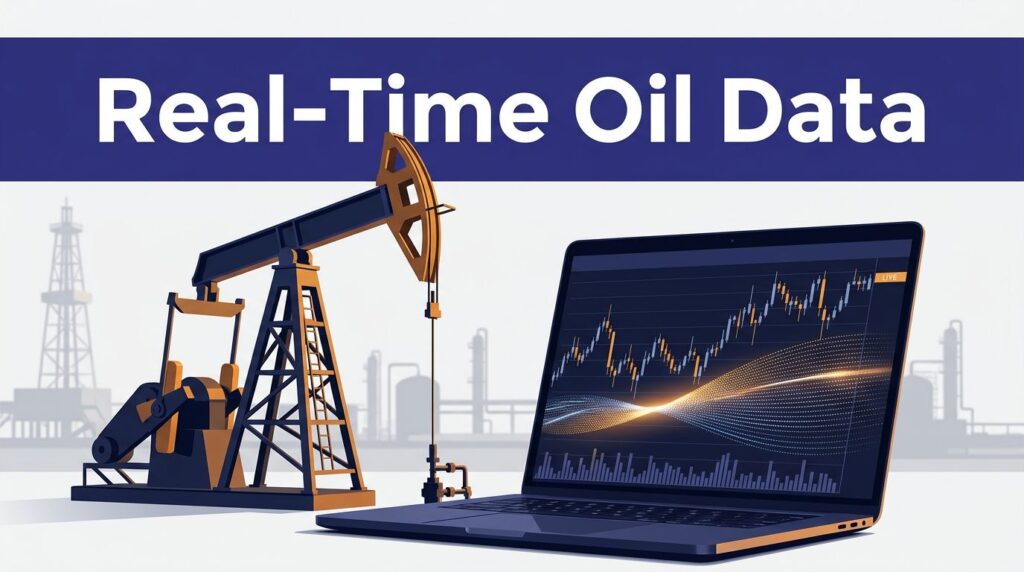 An oil pumpjack beside a laptop displaying live price charts.