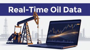 An oil pumpjack beside a laptop displaying live price charts.