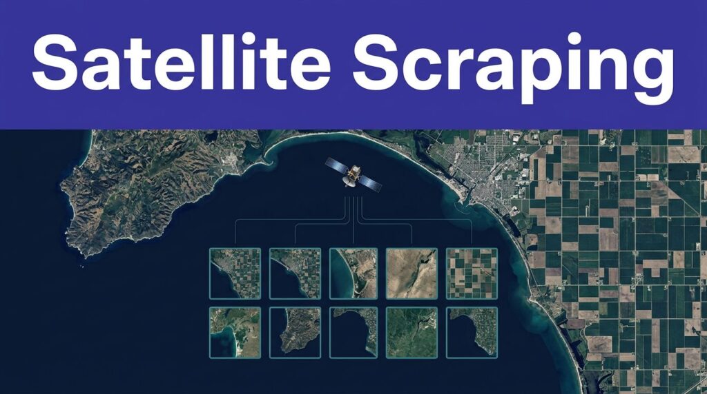 An observation satellite overlooks a coastline, farmland grid, and connected image tiles.