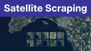 An observation satellite overlooks a coastline, farmland grid, and connected image tiles.