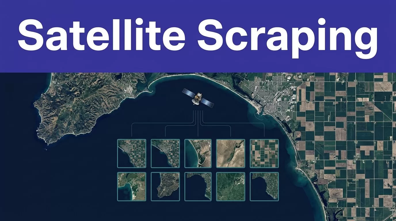 An observation satellite overlooks a coastline, farmland grid, and connected image tiles.