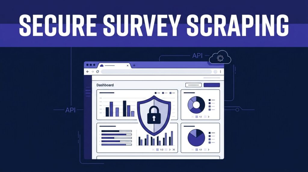 A secure dashboard shows survey charts, pagination controls, and a shield lock symbol.