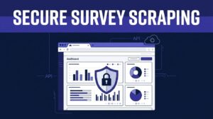 A secure dashboard shows survey charts, pagination controls, and a shield lock symbol.