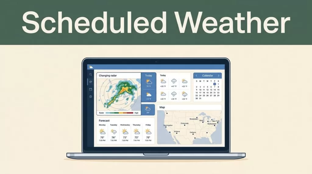 Laptop showing a weather dashboard beside a map with multiple locations.