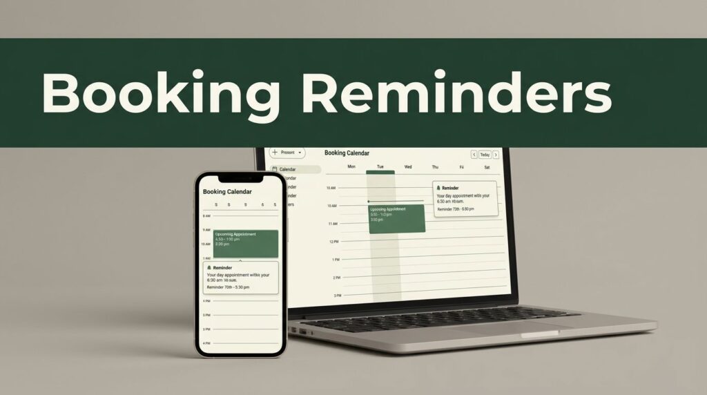A smartphone and laptop show a booking calendar beneath a green Booking Reminders banner.
