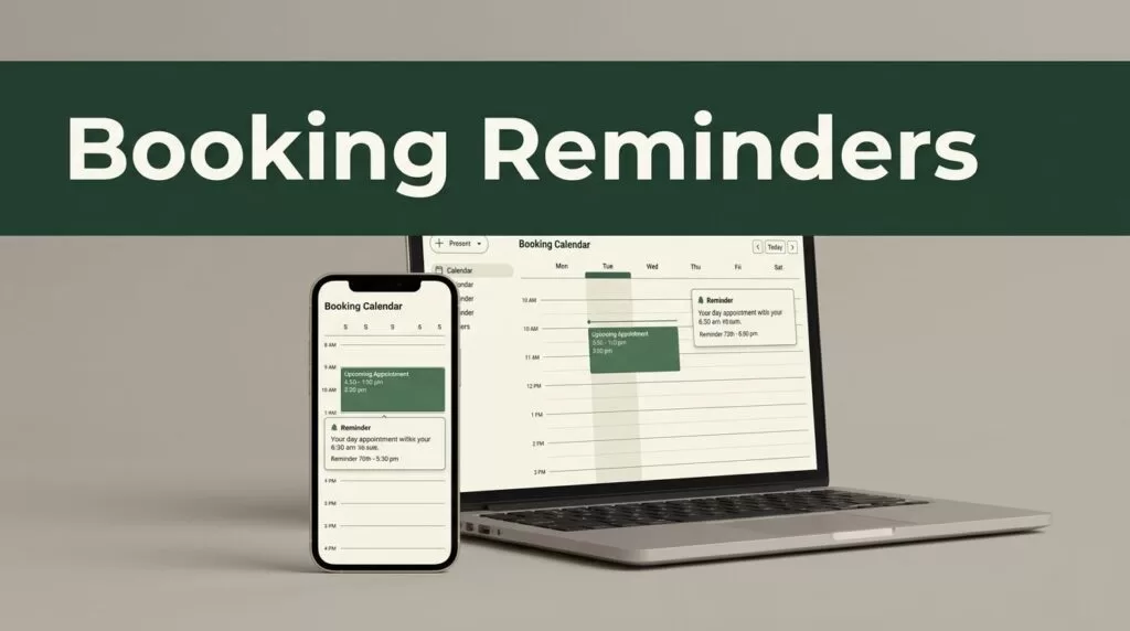 A smartphone and laptop show a booking calendar beneath a green Booking Reminders banner.