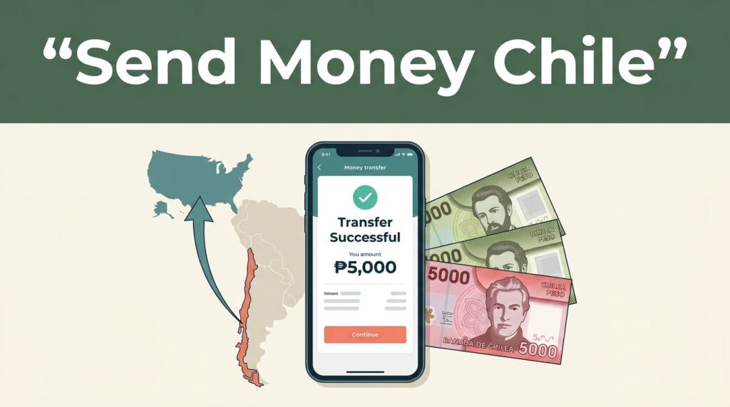 Smartphone transfer confirmation beside Chilean pesos and a map of Chile.