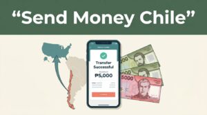 Smartphone transfer confirmation beside Chilean pesos and a map of Chile.