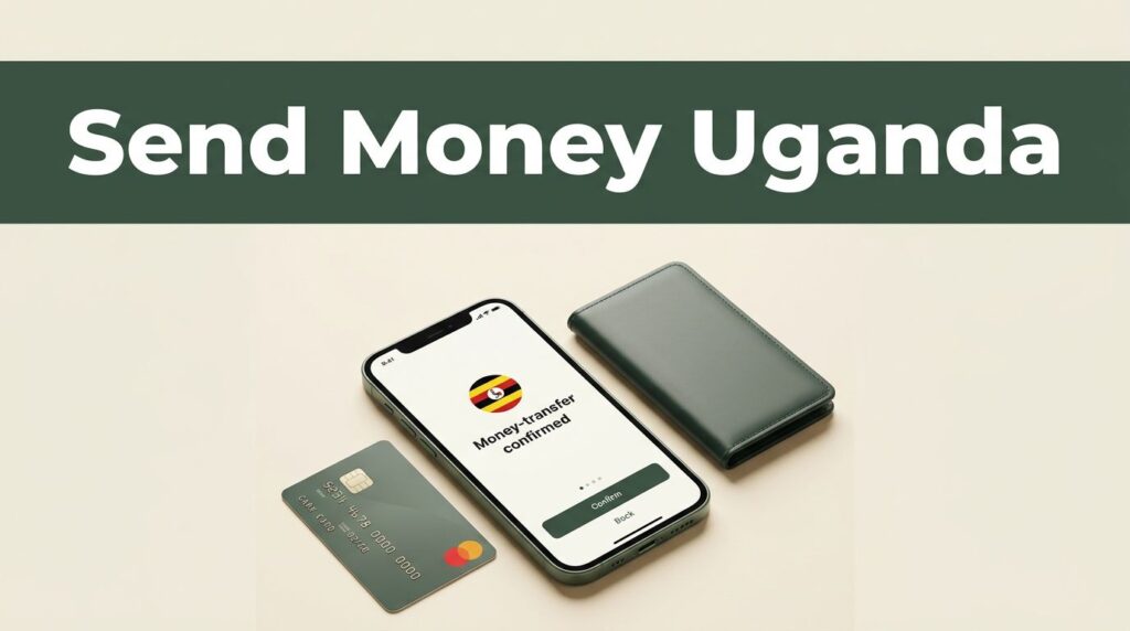 A smartphone showing a money transfer beside a bank card and wallet.