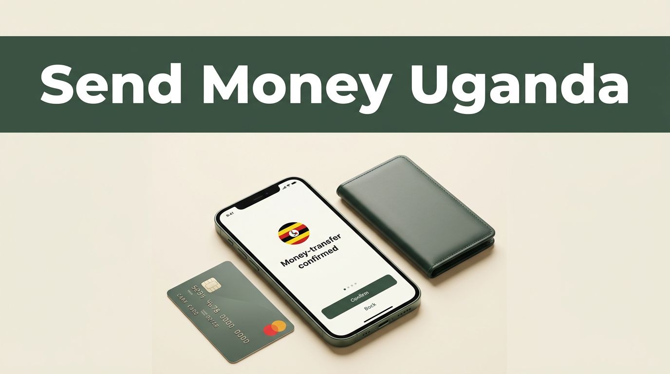 A smartphone showing a money transfer beside a bank card and wallet.