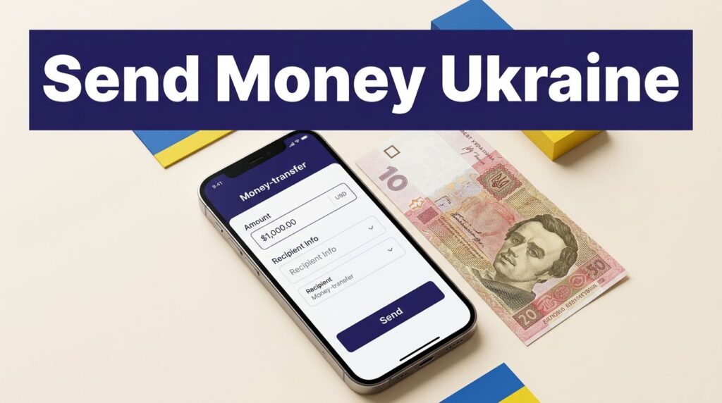 A smartphone and Ukrainian hryvnia note beneath a blue money transfer headline.