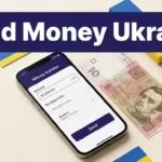 A smartphone and Ukrainian hryvnia note beneath a blue money transfer headline.