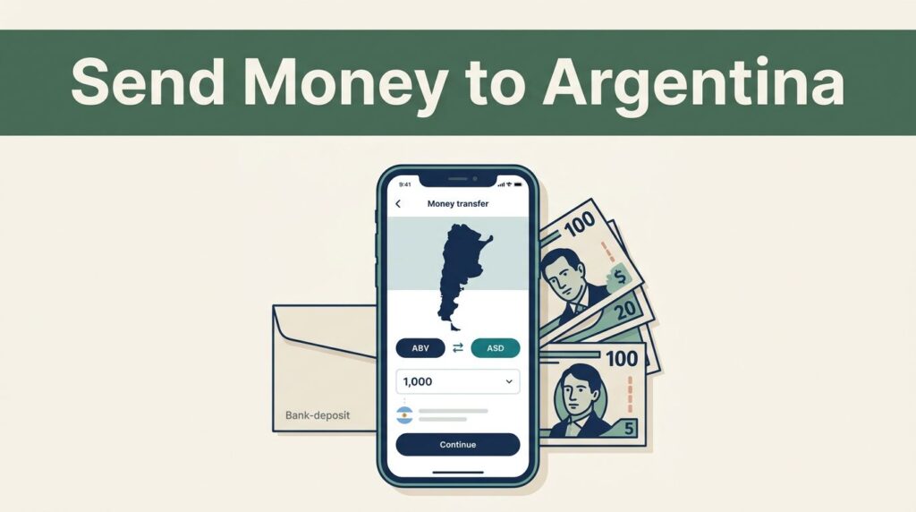 Smartphone showing an Argentina money transfer beside pesos and a deposit envelope.