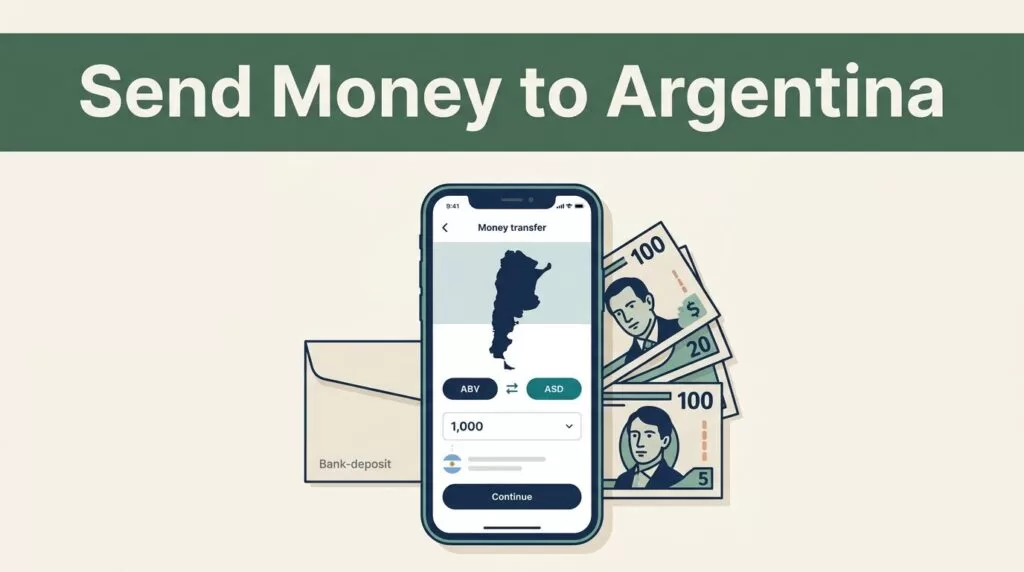 Smartphone showing an Argentina money transfer beside pesos and a deposit envelope.
