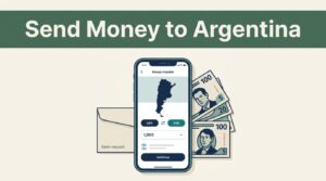 Smartphone showing an Argentina money transfer beside pesos and a deposit envelope.