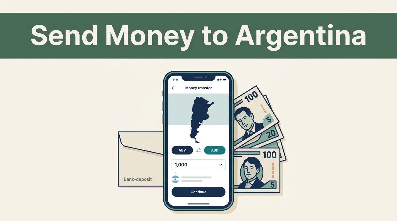 Smartphone showing an Argentina money transfer beside pesos and a deposit envelope.