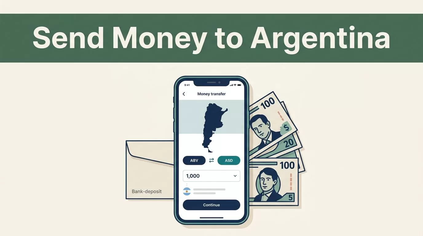 Smartphone showing an Argentina money transfer beside pesos and a deposit envelope.