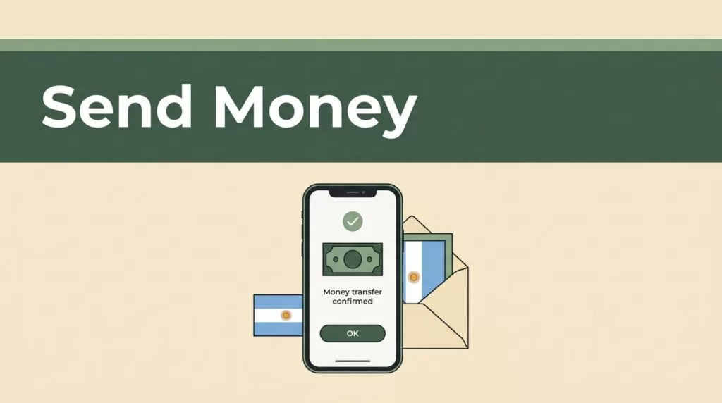 Smartphone showing a money transfer beside an open envelope and Argentine colors.
