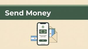 Smartphone showing a money transfer beside an open envelope and Argentine colors.