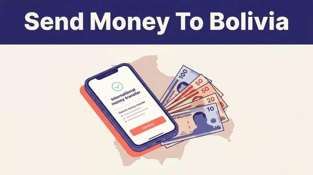 Smartphone showing a transfer confirmation beside Boliviano banknotes and a Bolivia map.