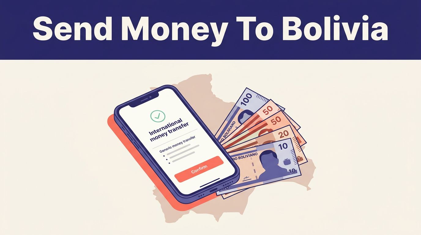 Smartphone showing a transfer confirmation beside Boliviano banknotes and a Bolivia map.