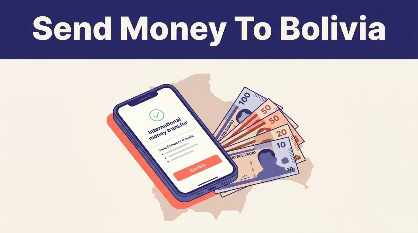 Smartphone showing a transfer confirmation beside Boliviano banknotes and a Bolivia map.