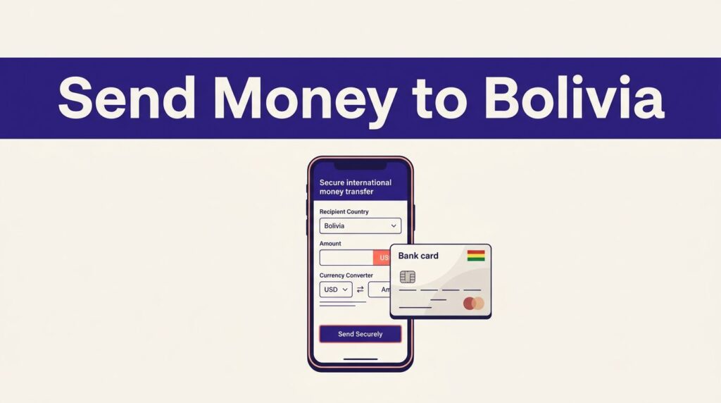 Smartphone showing a money transfer screen beside a Bolivian bank card.