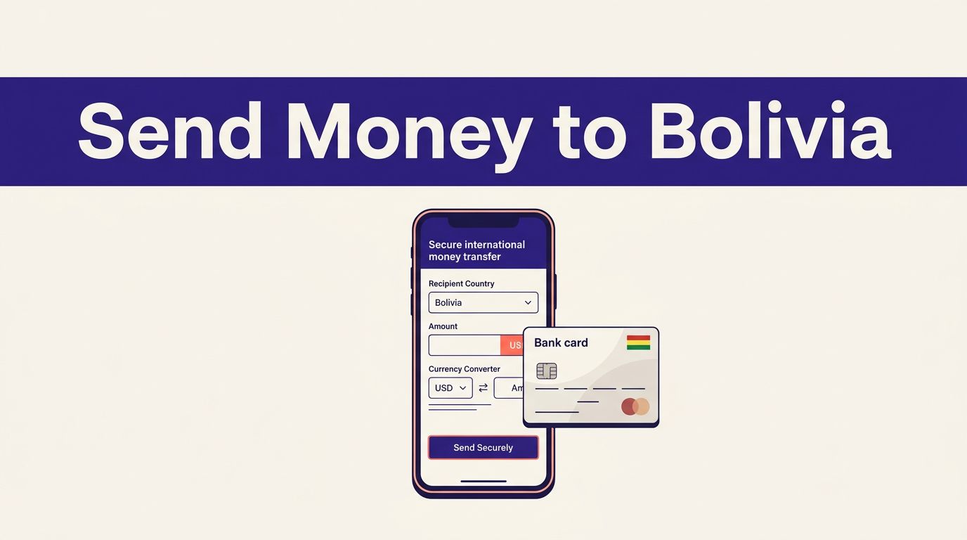 Smartphone showing a money transfer screen beside a Bolivian bank card.