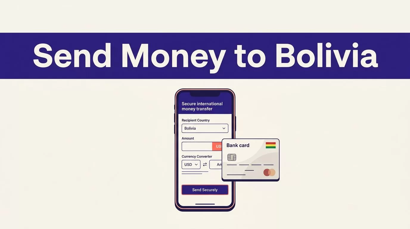 Smartphone showing a money transfer screen beside a Bolivian bank card.
