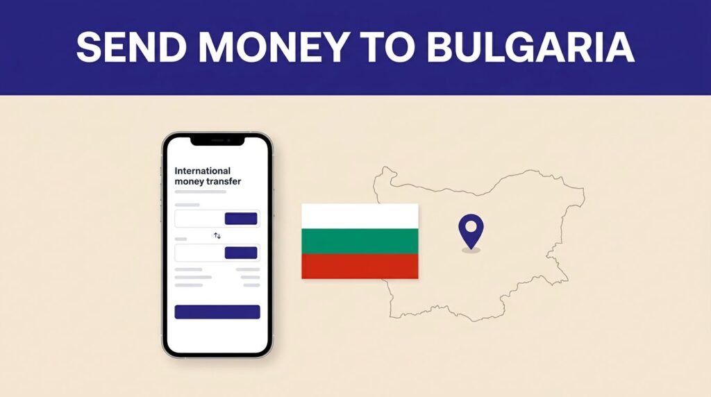 A smartphone, Bulgarian flag, and map of Bulgaria illustrate an international money transfer.