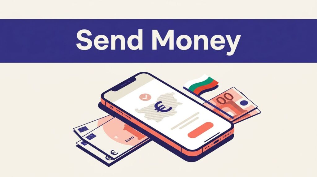 A phone shows a euro transfer beside Bulgarian colors and arranged banknotes.