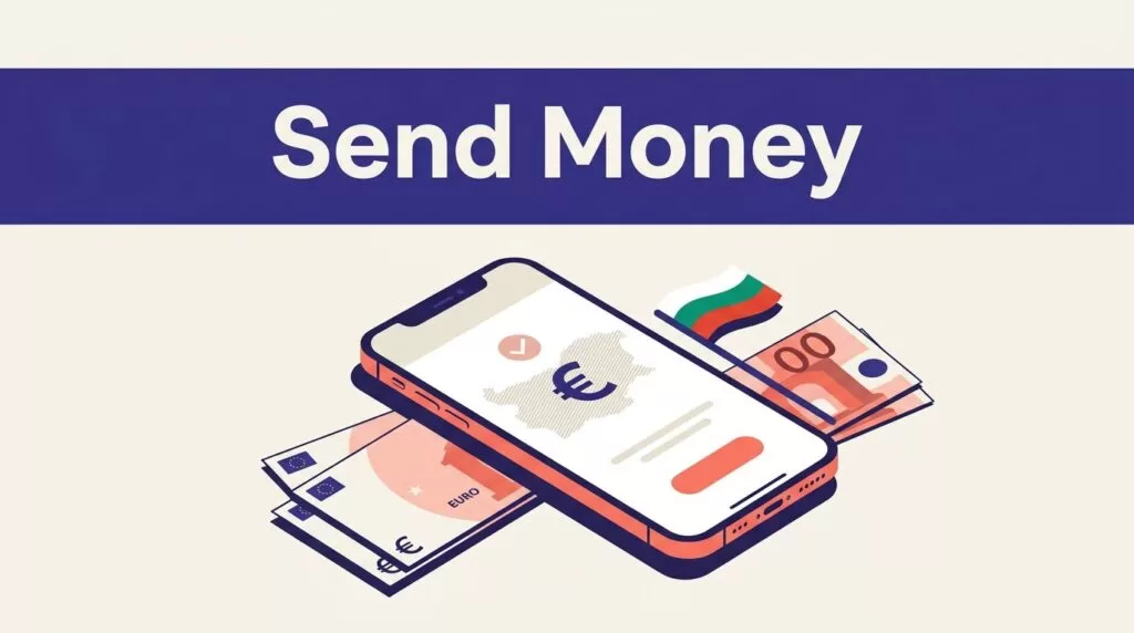 A phone shows a euro transfer beside Bulgarian colors and arranged banknotes.