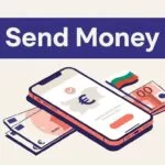 A phone shows a euro transfer beside Bulgarian colors and arranged banknotes.
