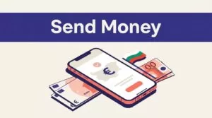 A phone shows a euro transfer beside Bulgarian colors and arranged banknotes.