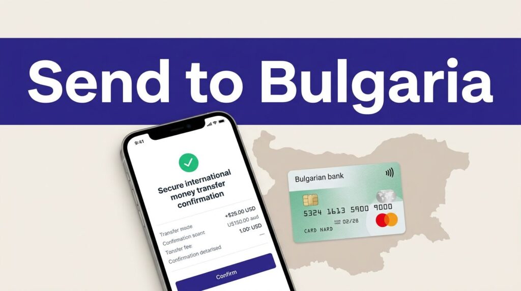 A smartphone shows a confirmed transfer beside a Bulgarian bank card and map.