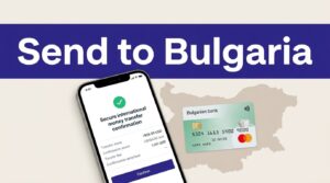 A smartphone shows a confirmed transfer beside a Bulgarian bank card and map.