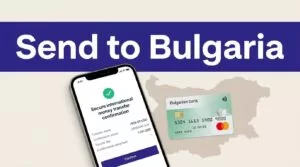 A smartphone shows a confirmed transfer beside a Bulgarian bank card and map.
