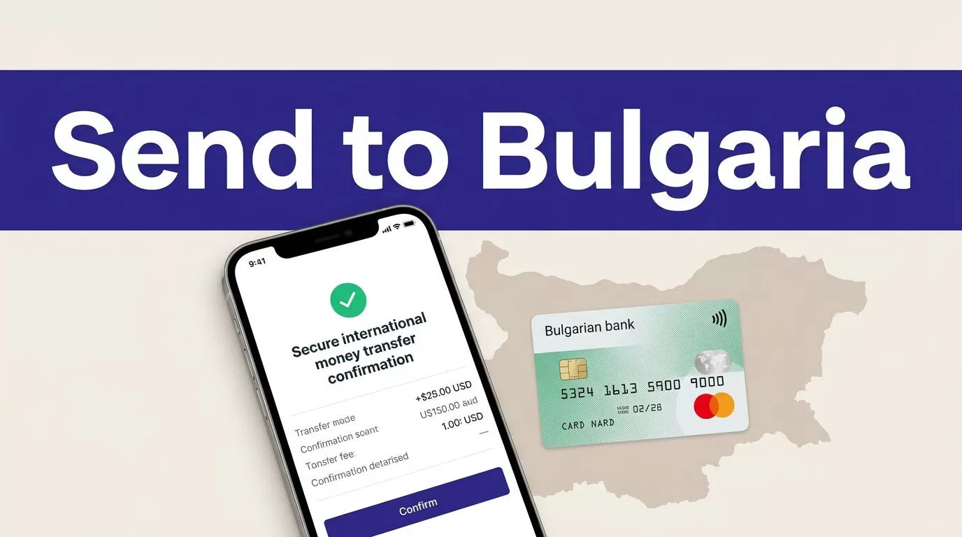 A smartphone shows a confirmed transfer beside a Bulgarian bank card and map.