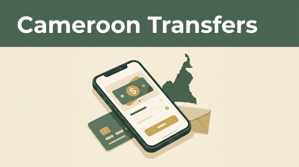 A smartphone, Cameroon map, bank card, and envelope arranged on a cream background.