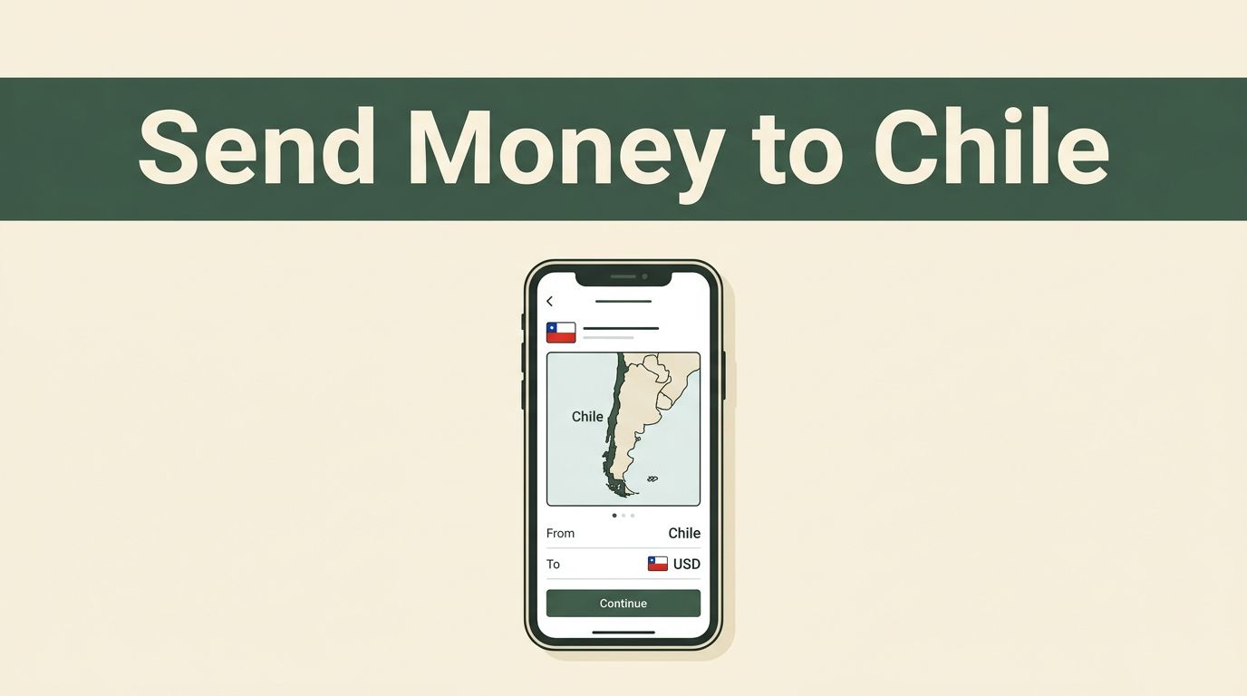 Smartphone showing a money transfer interface with Chile highlighted on a map.