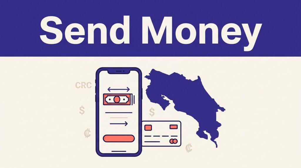 Smartphone and bank card beside a Costa Rica map for sending money.