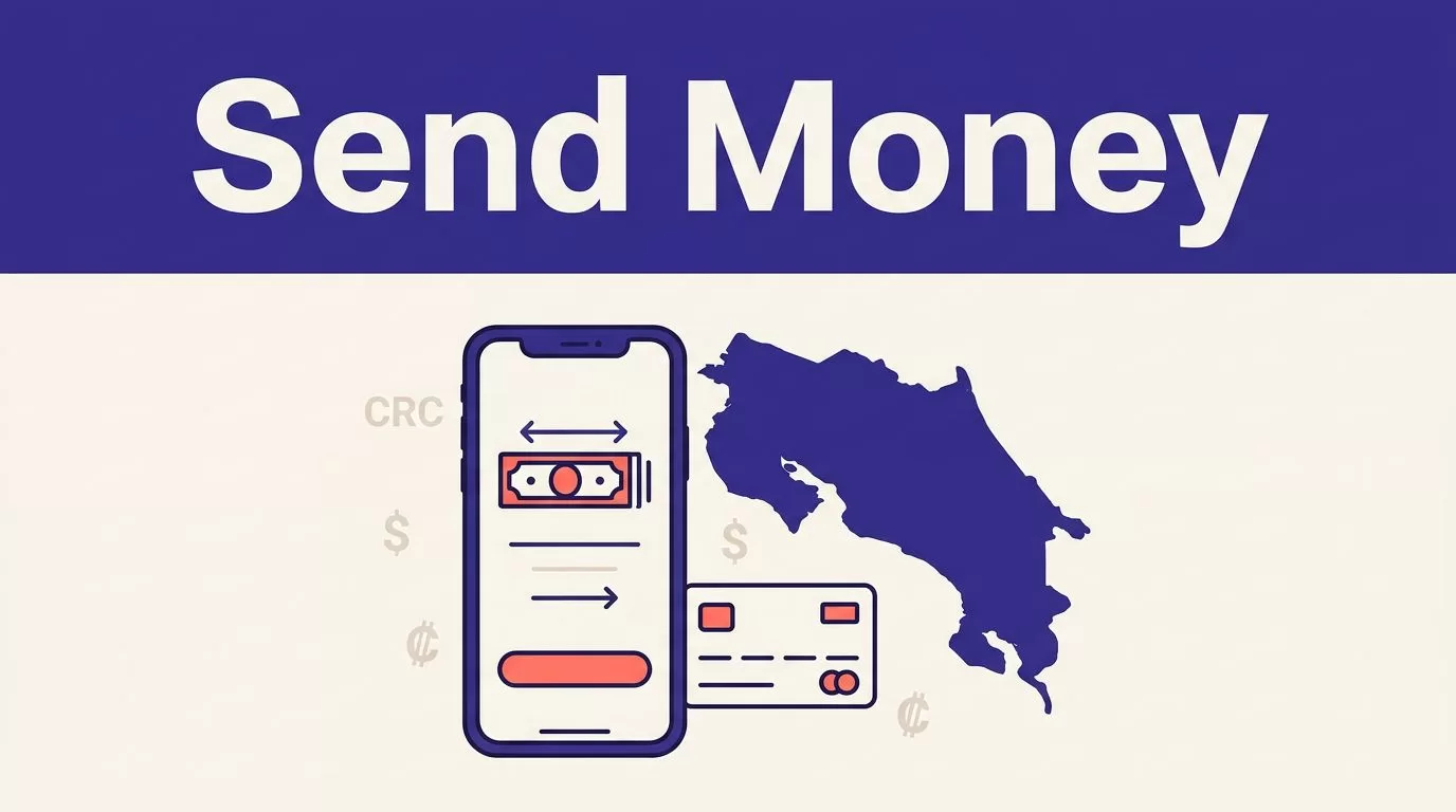 Smartphone and bank card beside a Costa Rica map for sending money.