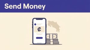 A smartphone transfer screen sits beside Costa Rica imagery and currency notes.
