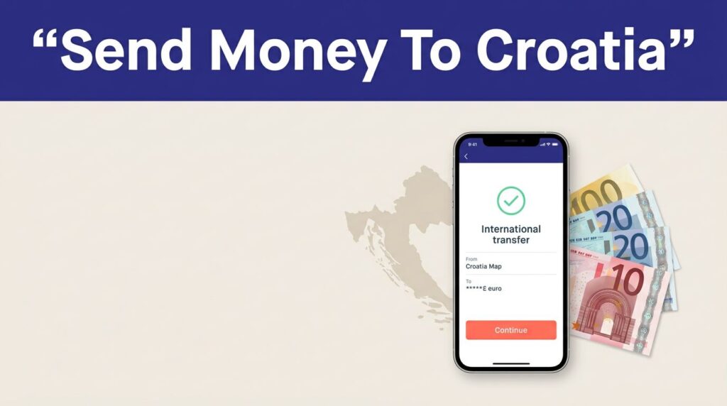 Smartphone transfer confirmation beside a Croatia map and euro notes.