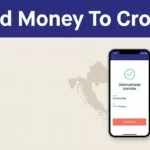 Smartphone transfer confirmation beside a Croatia map and euro notes.