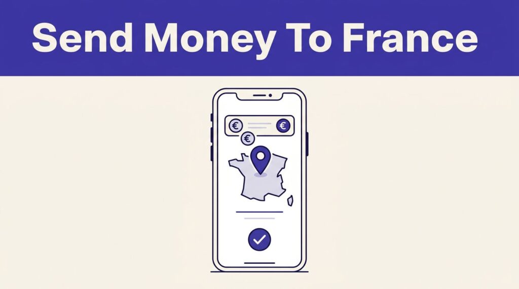 A smartphone displays a euro transfer to France beneath an indigo headline band.