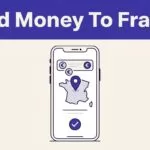 A smartphone displays a euro transfer to France beneath an indigo headline band.