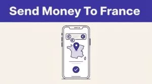 A smartphone displays a euro transfer to France beneath an indigo headline band.