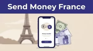 A phone shows a money transfer beside dollar and euro notes with the Eiffel Tower behind it.